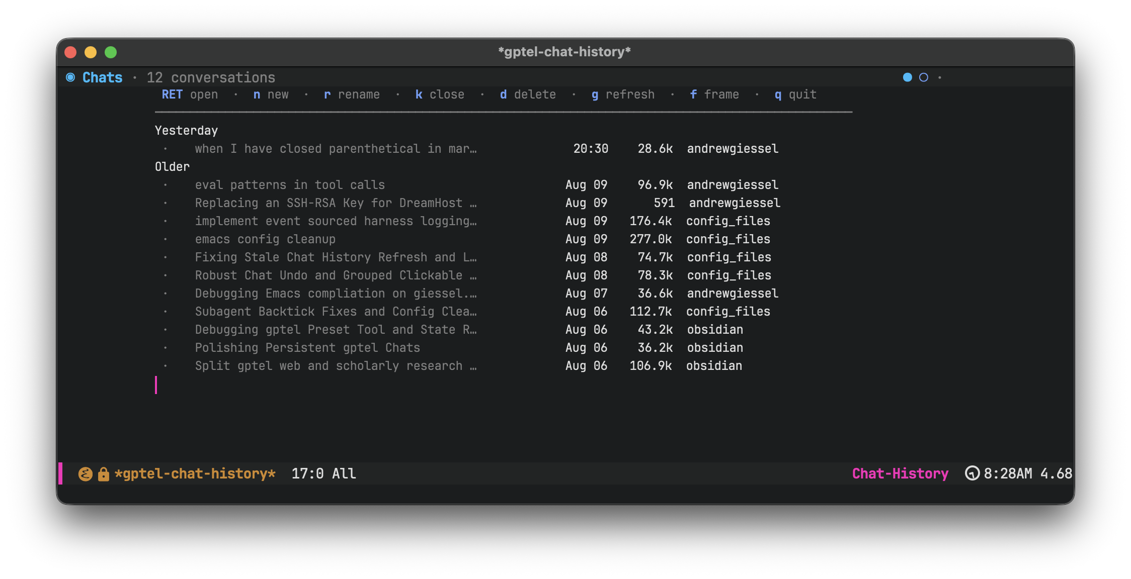 An Emacs chat-history list showing chat status, dates, titles, models, and project context.