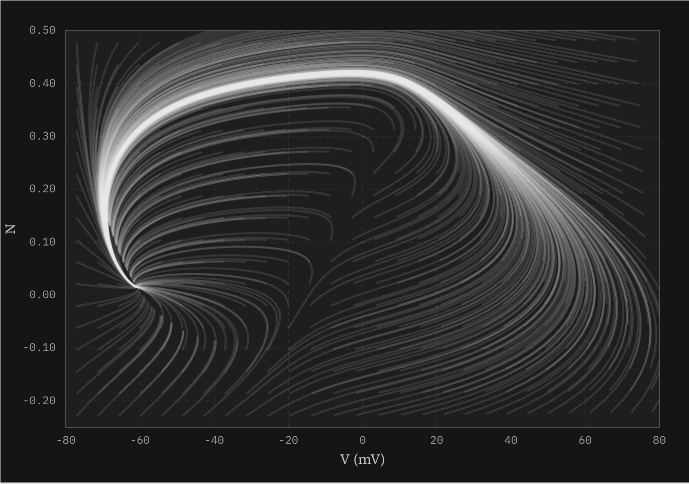 Flow field: many trajectories converging on the fixed point