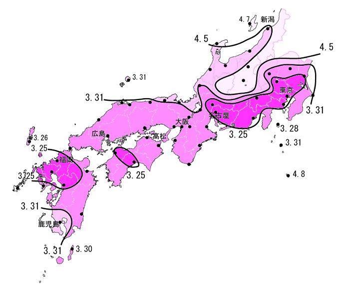 A map of the 2007 cherry blossom front moving across Japan from Kyushu toward Kanto.