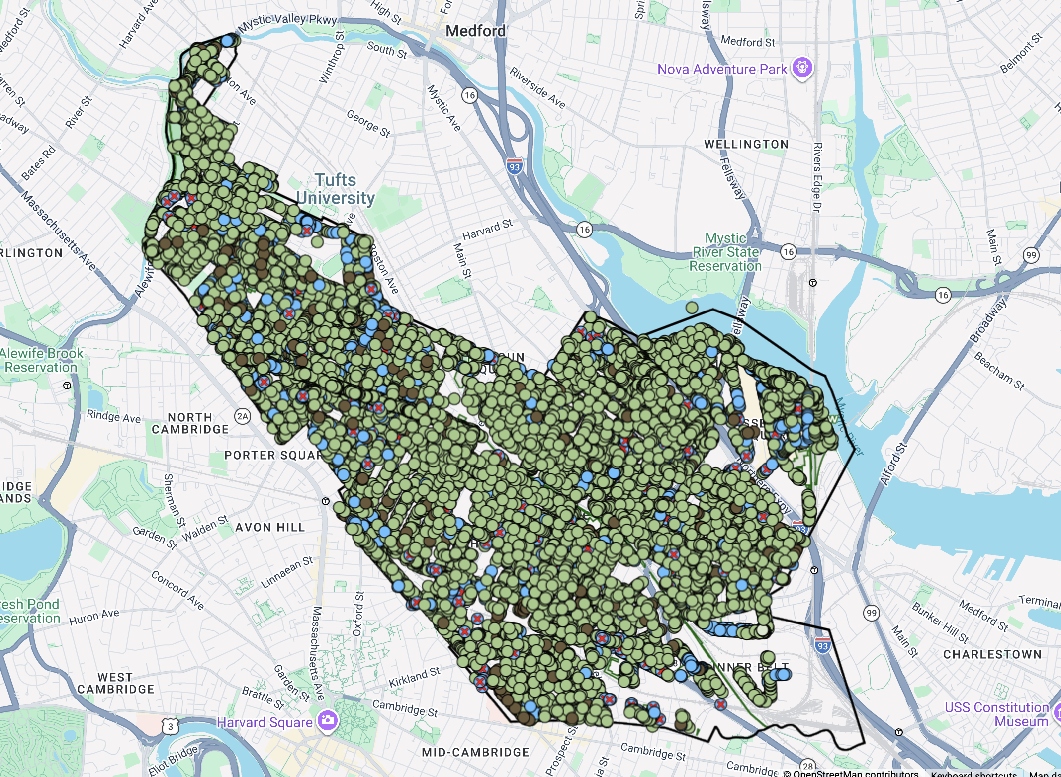 A TreeKeeper map showing mapped public trees and tree benefits in Somerville, Massachusetts.
